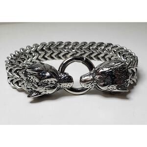 Double Wolf Head, Stainless Steel 8.5" Unisex Bracelet, Hinge Ring Clasp